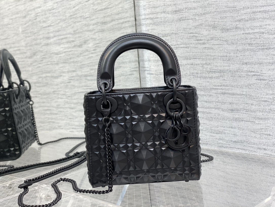 Mini Lady Dior Bag Black Cannage Calfskin with Diamond Motif